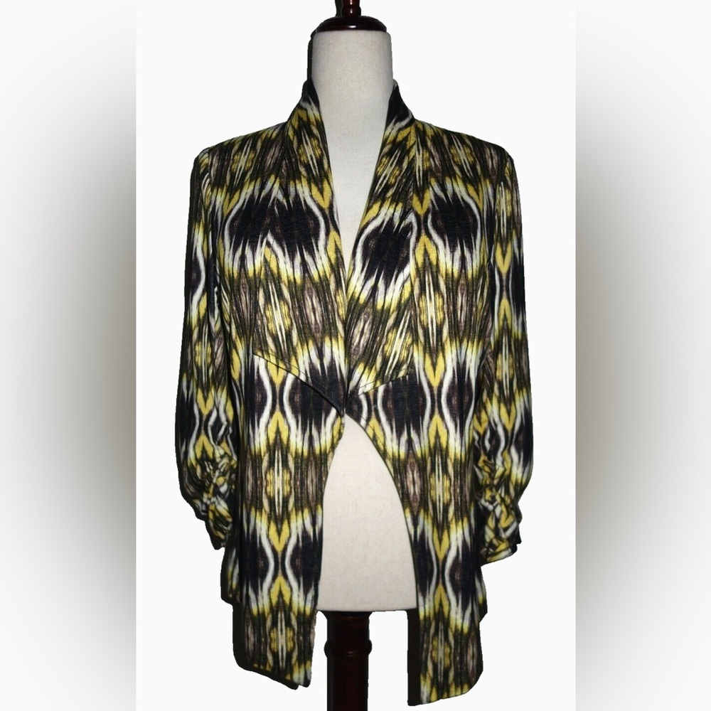 Karen Kane XL Abstract Ikat Print Draped Jacket Ruched Sleeve Topper